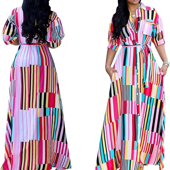 LAJIOJIO Dresses & Skirts - LAJIOJIO Women Stripe Print T-Shirt Dress SS Turn Down Long Dress Size Medium